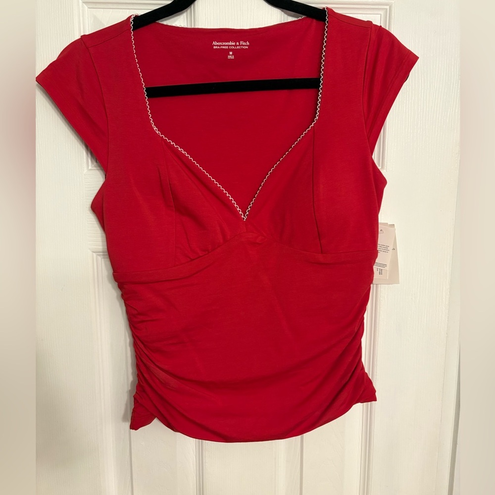 Abercrombie & Fitch Red V-Neck Ruched Short Sleeve Top
